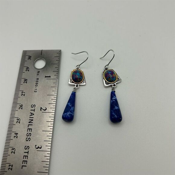 Beautiful Faux Lapis Lazuli Blue Stone Teardrop Dangle Earrings Silver Tone Hook - Picture 9 of 10